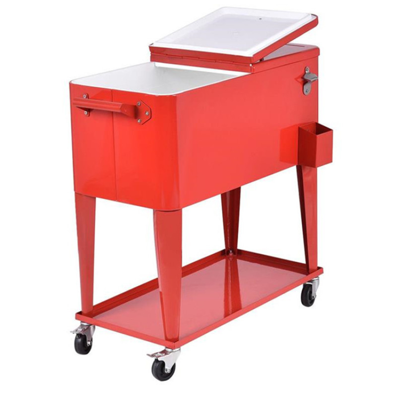 Outdoor Metal Patio Rolling Cooler 80 QT Red Ice Beer Chest Cart With Bottle Opener and Catch Tray