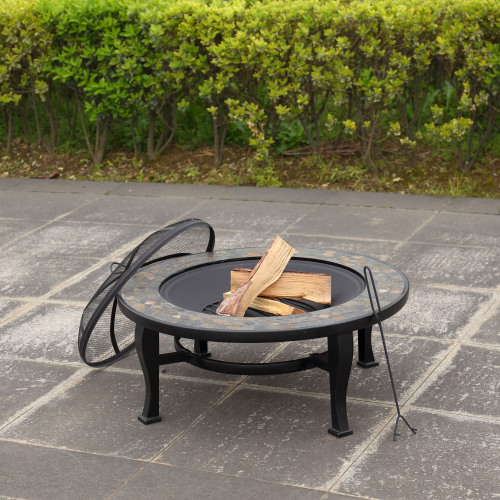 Outdoor garden 34 inch charcoal wood burning heater round slate steel fire bowl fire pit