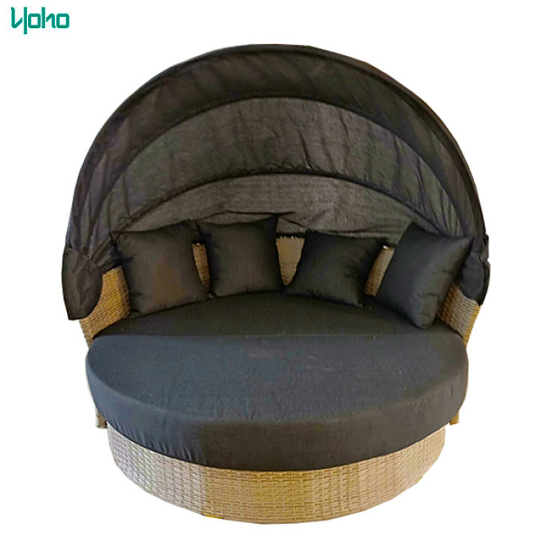 Outdoor Sunbed 2-in-1 Round Poly Rattan Wicker Black Daybed Sofa Garden with Retractable Canopy