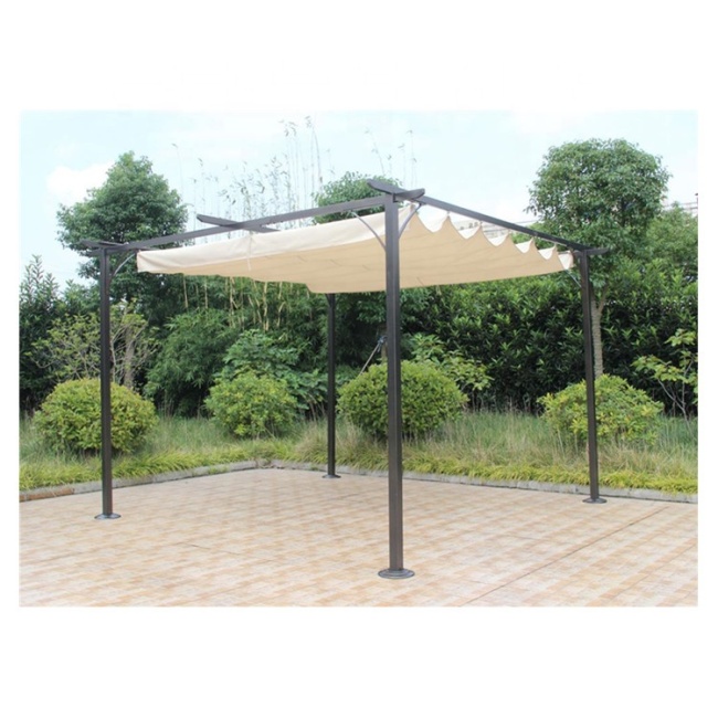 Metal Outdoor Patio Steel Frame Pergola Gazebo with Retractable Canopy Shades