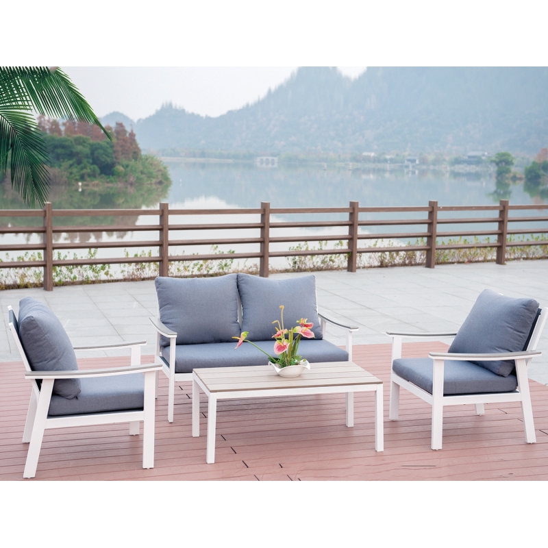 Modern Design Outdoor Garden Furniture 4 PCS Steel Sofa Set with 1 sofa bench, 2 single sofa and 1 table