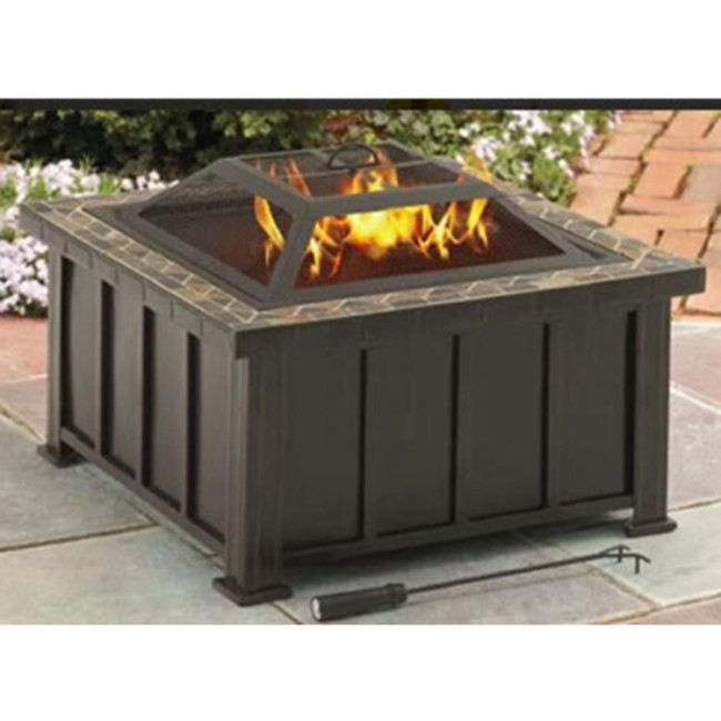 Square Wood Brazier Stove Log Grate Burner with Screen Poker Tool Charcoal Brazier Table with Grill for Outdoor Patio 76*76*58cm