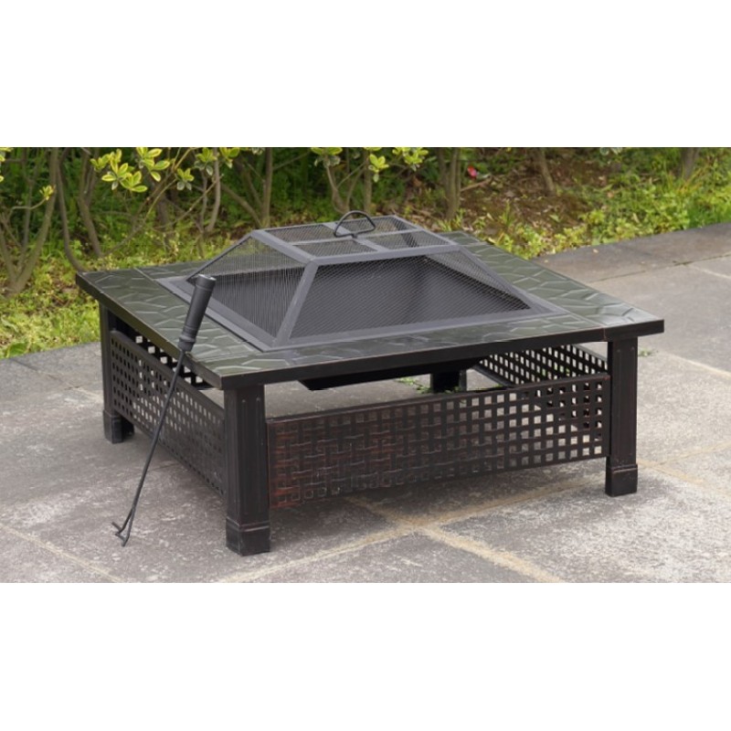 Outdoor Patio Wood Burning Slate Table Top Fire Pit with BBQ grill and Poker