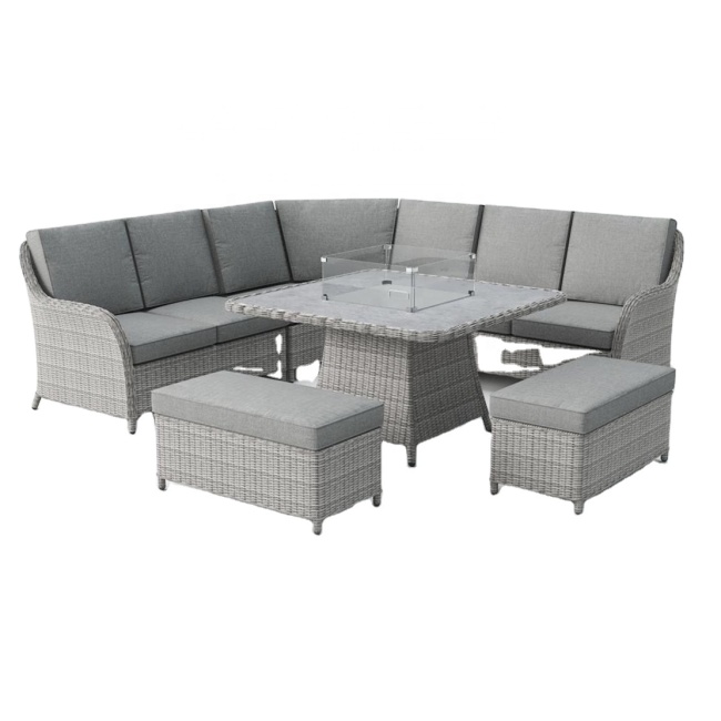 Outdoor Furniture Sofa Dinning Set With Fire Pit Table Top Rattan Sofa Set