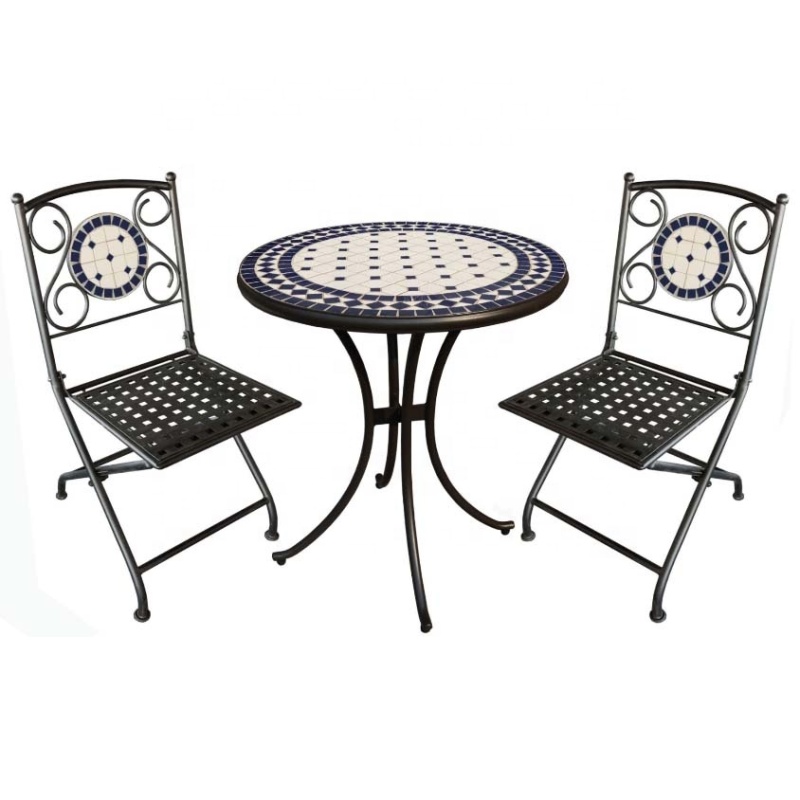 Classical design medieval court style round table with creamic tile top mosaic outdoor patio furniture 3pc bistro set iron