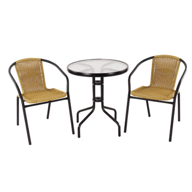 3pcs Cheap Rattan Wicker Metal frame Table and Chair Classical Stack Bistro Set