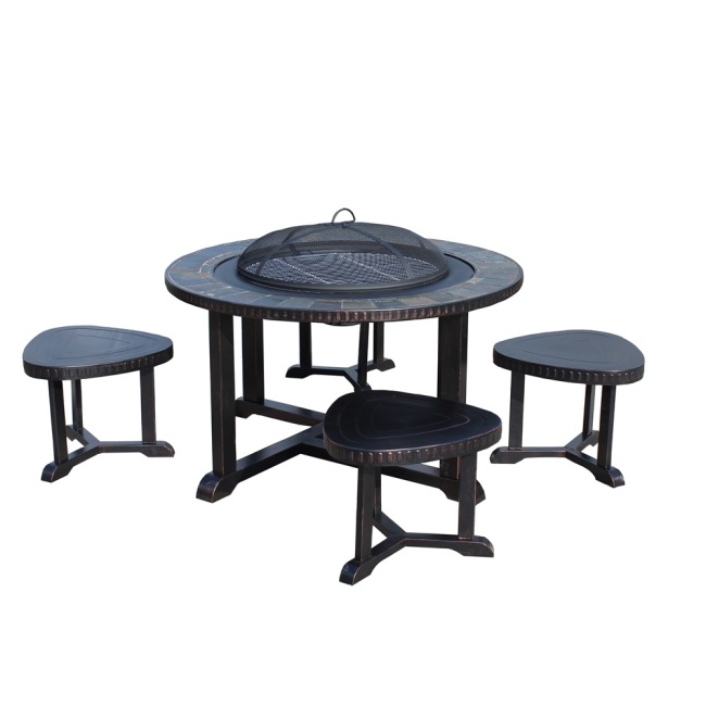 Patio Furniture 5pc Slate BBQ Grill Outdoor Fire Pit Table Set with Stools modern designed round outdoor slate top fire pit