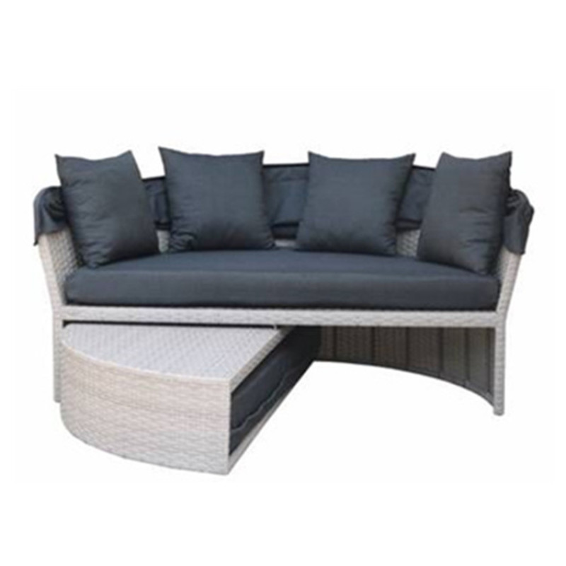 Outdoor Sunbed 2-in-1 Round Poly Rattan Wicker Black Daybed Sofa Garden with Retractable Canopy