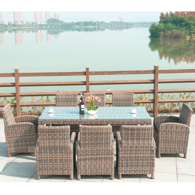 Garden Hotel Durable Rattan Furniture Outdoor 9 Pieces Dining Table And Chair Patio Set