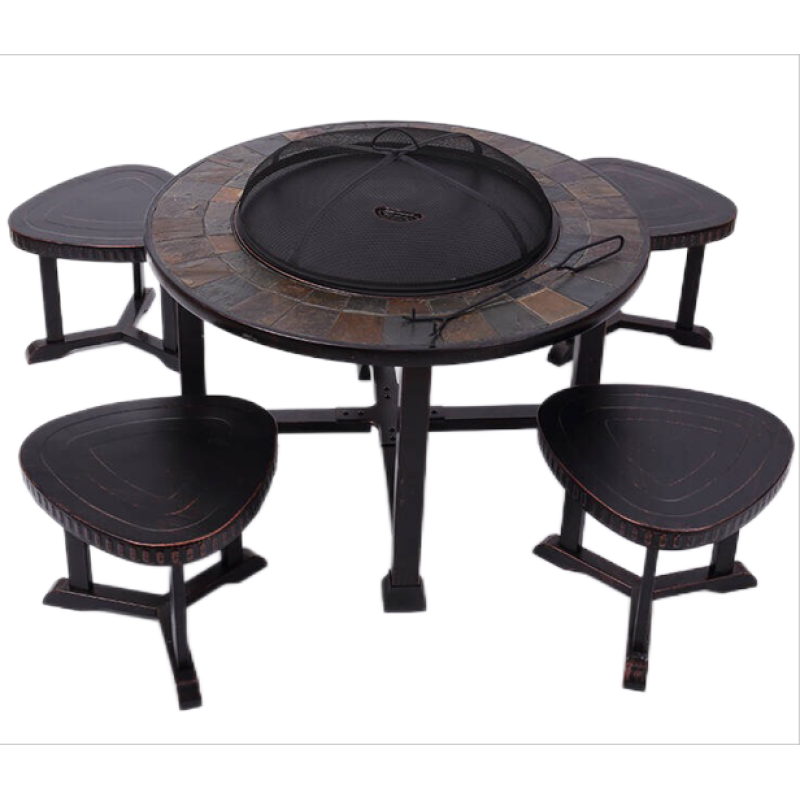 YOHO 5pcs Outdoor Modern backyard family gathering cooking Fire pit dining sets BBQ Grill Slate table top fire pit with chair