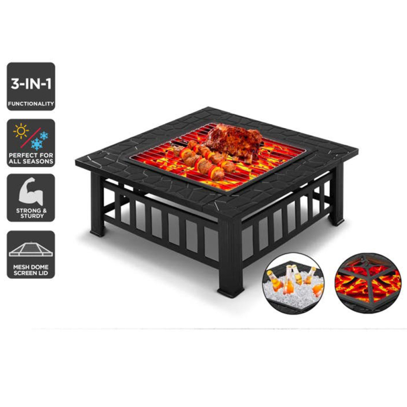 Wood Burning Metal Square Fire Pit Log Store Fire Pit Table Cover Top BBQ Grill for Backyard Camping Picnic