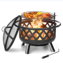 Outdoor Fire Pit Big Round Fire Bowl Garden Patio Heater BBQ Grill Round Firepit with Cooking Grate Metal, Tile Table Top