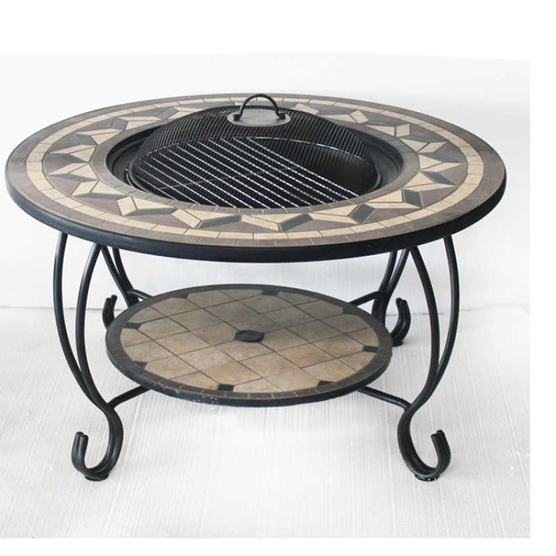 Outdoor Patio Wood Burning Slate Table Top Fire Pit with BBQ grill and Poker