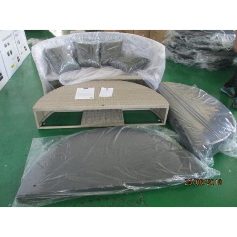 Outdoor Sunbed 2-in-1 Round Poly Rattan Wicker Black Daybed Sofa Garden with Retractable Canopy