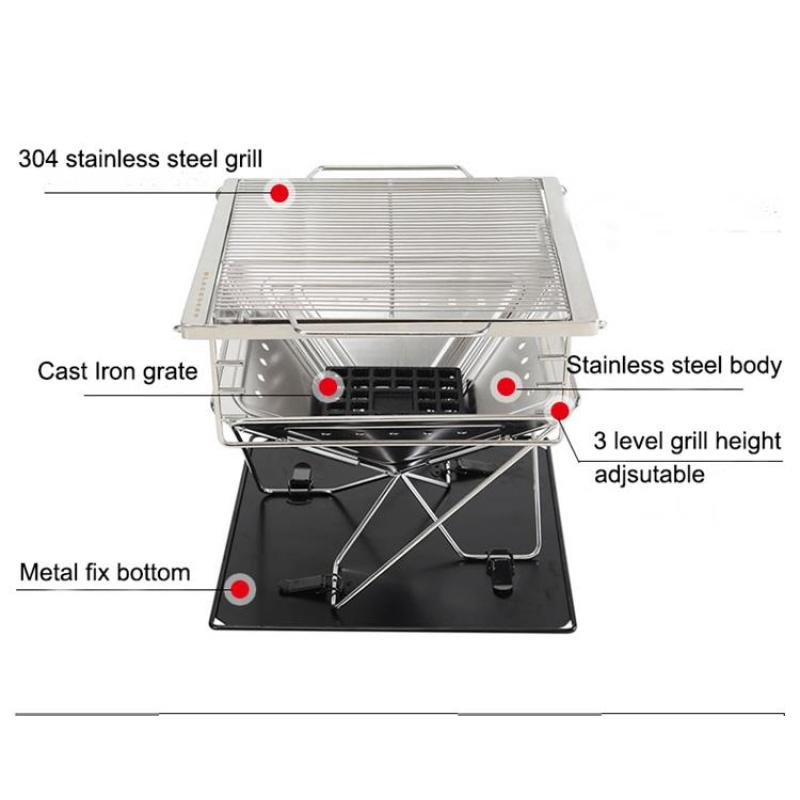 Korean Stainless Steel Outdoor Camping Charcoal Grill Bbq Adjustable Foldable Portable Durable SS Bbq Grill Barbecue Grill