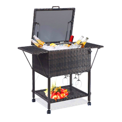 Outdoor Rattan Drink cooler cart with weel rooling Patio water Cooler PP rattan ice bucket