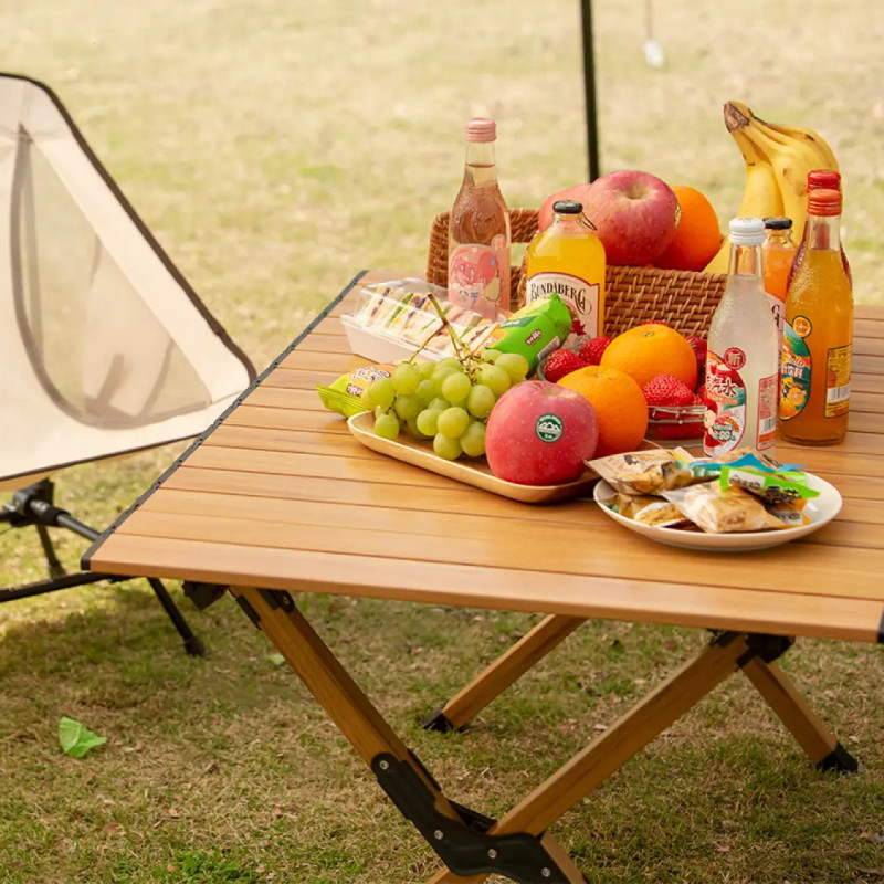 Custom Outdoor  Aluminum Folding Camping Egg Roll Table Wood Foldable Camping Table