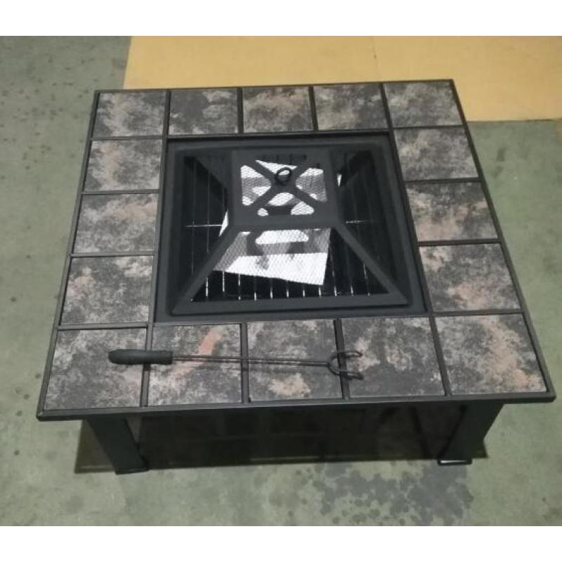 Square Fire Pit with BBQ Grill Cooler and Tile Table Top Charcoal Outdoor Garden 4 in 1 81cm by 81cm