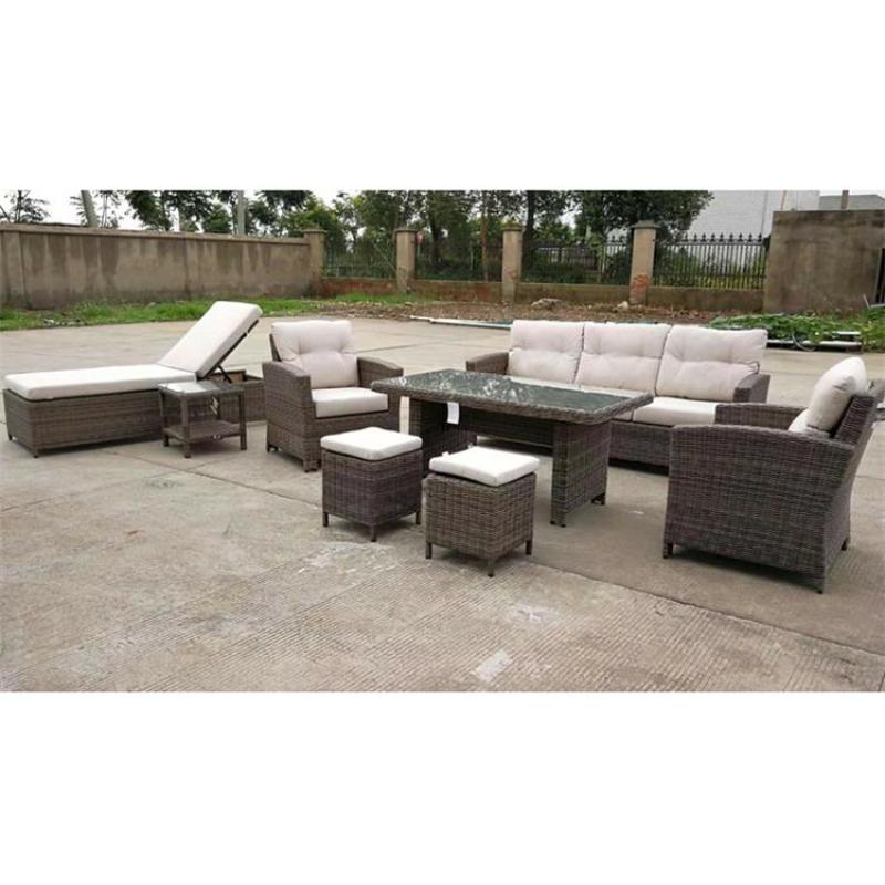 7piece Outdoor PE rattan corner sofa dining set patio dining round table and chair set