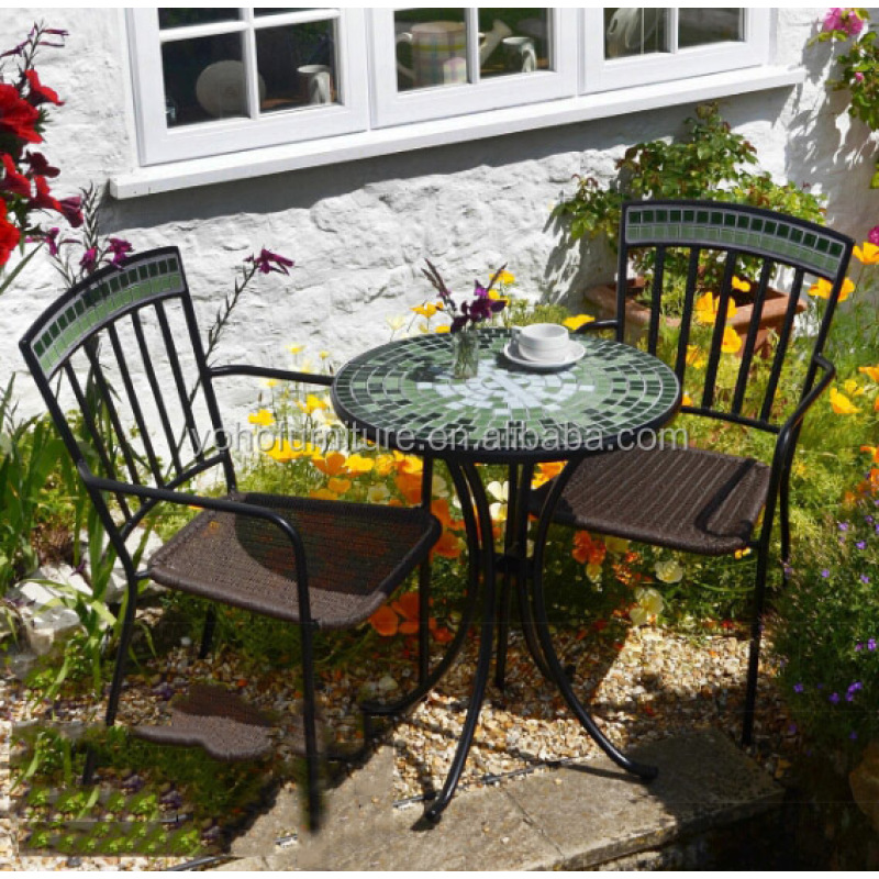 3pcs Outdoor Set Table Wicker Furniture Garden Rattan Chair Deck Mosaic Round Table Bistro Set