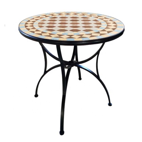 Geometric white plaid pattern round mosaic table with ceramic tile top outside patio use 3pc bistro set