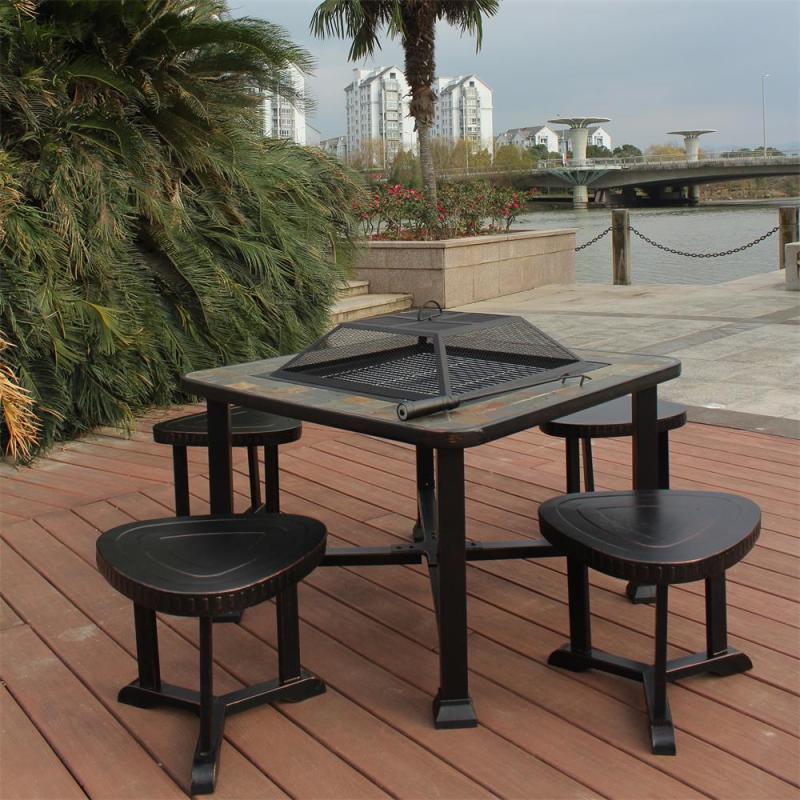 Classical slate top wood burning garden firepit table set outdoor garden furniture  fire pit table with stools