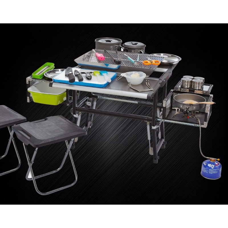 Multifunctional Mobile Kitchen BBQ Table Set Foldable Barbeque Grill Camping Picnic Aluminum Alloy Outdoor Gas and Charcoal