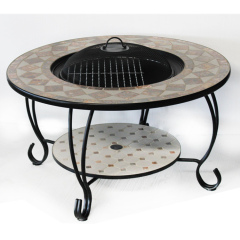 Outdoor Patio Wood Burning Slate Table Top Fire Pit with BBQ grill and Poker
