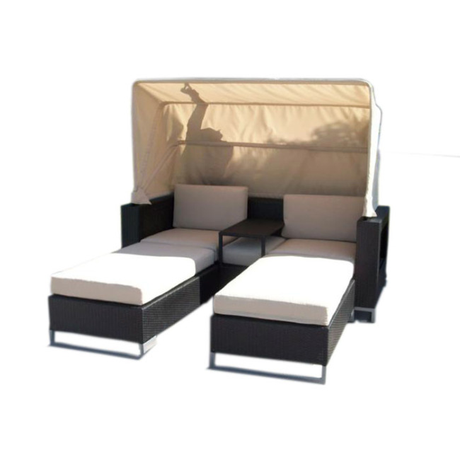 Outdoor double seat Rattan Sun Lounger with Retractable Canopy