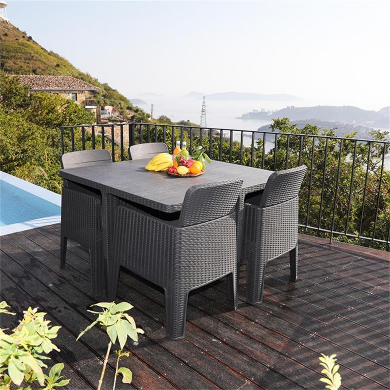 5pcs plastic wicker dining table set garden space save plastic sofa chair set