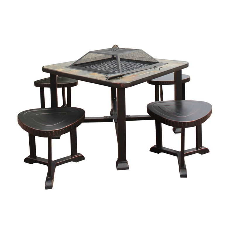 Classical slate top wood burning garden firepit table set outdoor garden furniture  fire pit table with stools