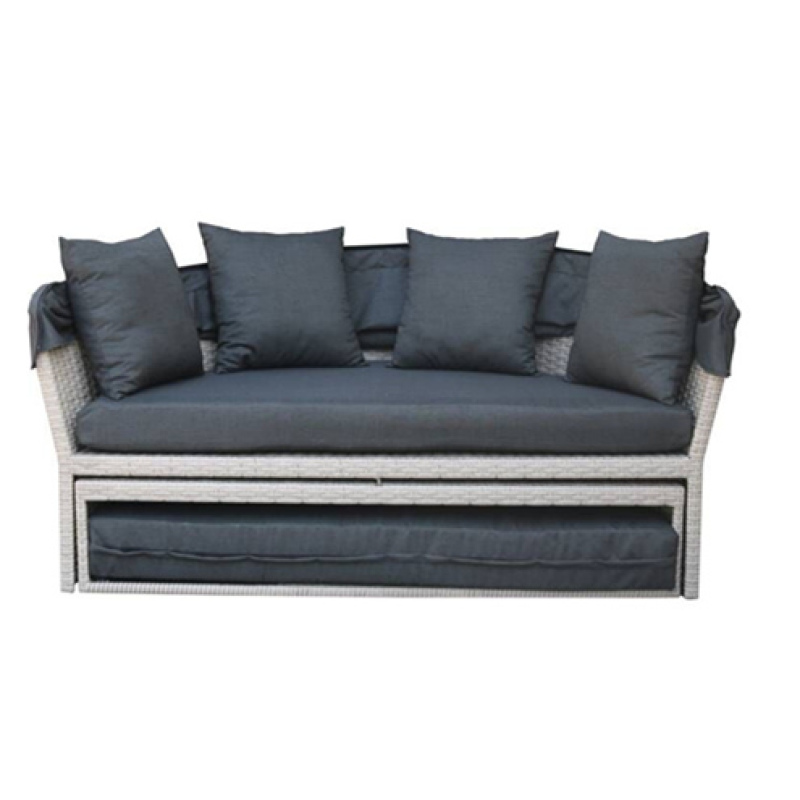 Outdoor Sunbed 2-in-1 Round Poly Rattan Wicker Black Daybed Sofa Garden with Retractable Canopy