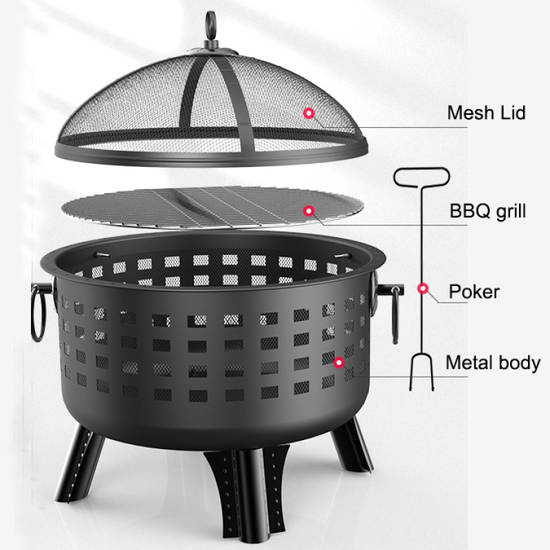 Metal Round Patio Yard Outdoor Grill BBQ Fire Pit Warming Patio Fire Place Portable Fire Pit Bowl