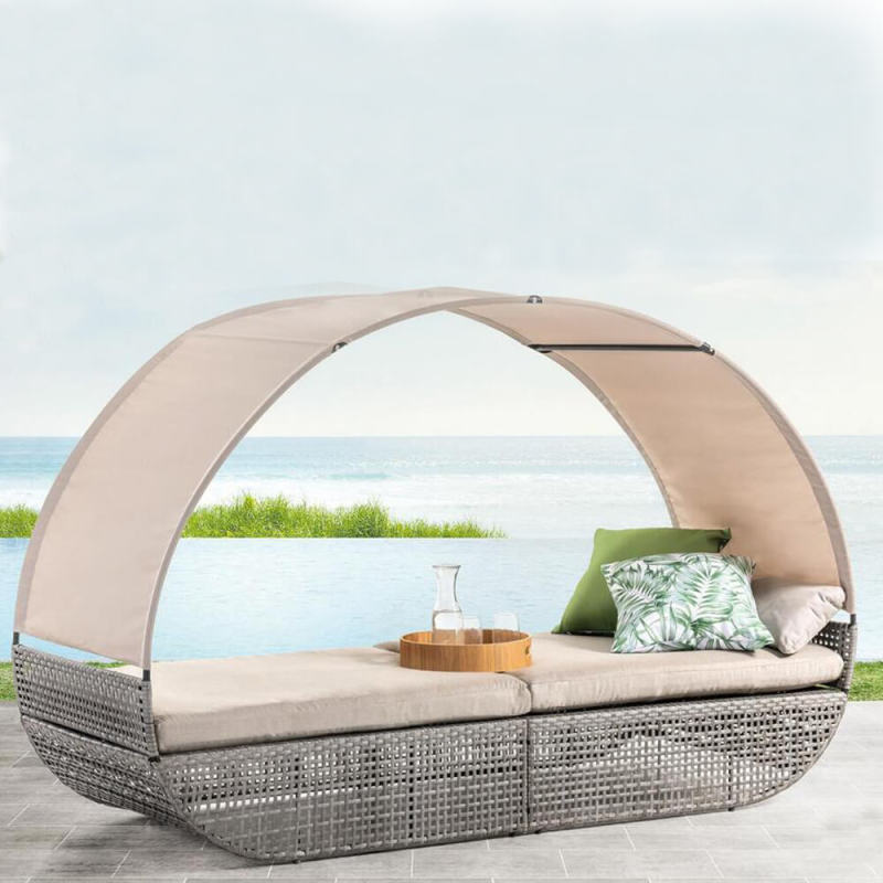 Outdoor Luxury Sun Lounger with Canopy Poly Rattan Daybed