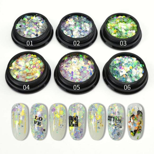 Six Colors Hot-selling Hexagon Glitter Powder Set for Nail Arts