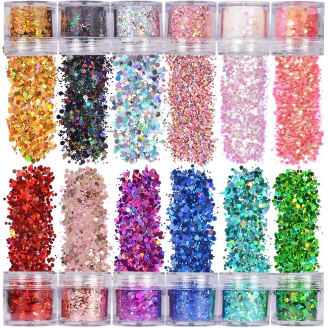 12 color oem glitter acrylic powder 10g/Jar Mixed Chunky Glitters Powder Flakes for Shiny Sticker Nails Face Body diy crafts