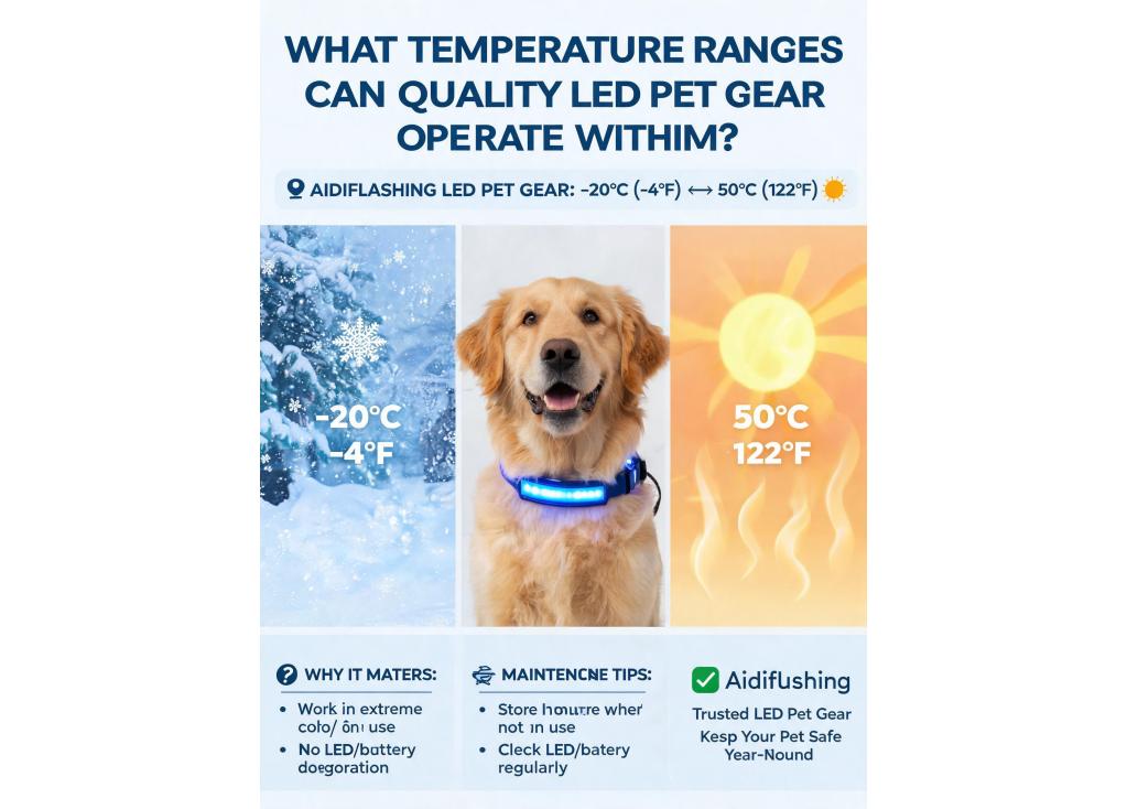What temperature ranges can quality LED pet gear typically operate within?