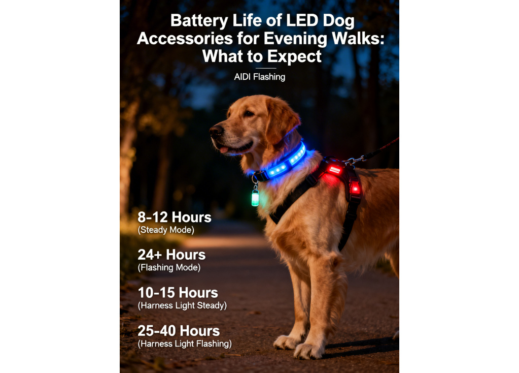 How long should the battery last on LED dog accessories for evening walks?