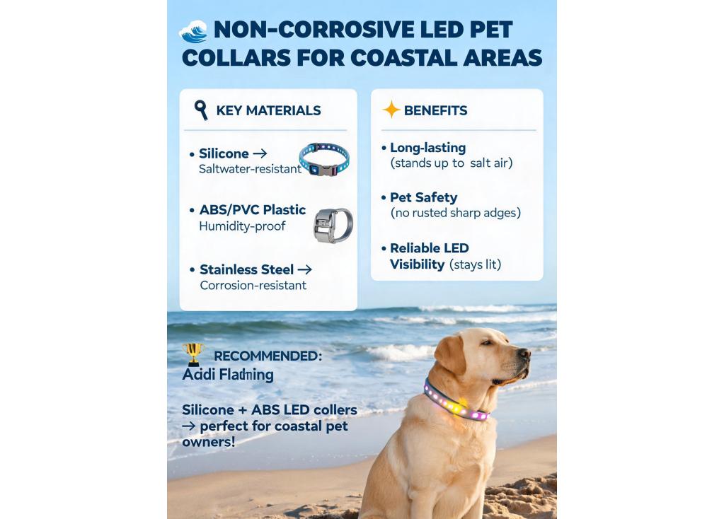 Are there non-corrosive materials used in LED pet collars for coastal areas?