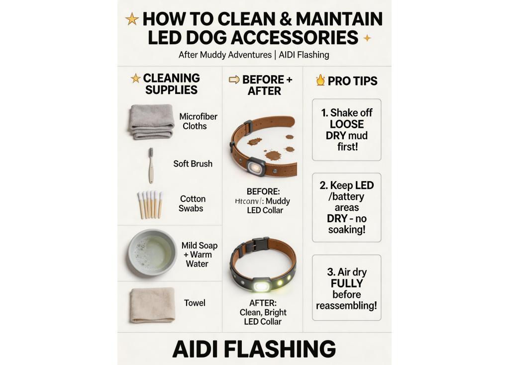 How do I clean and maintain LED dog accessories after muddy adventures?