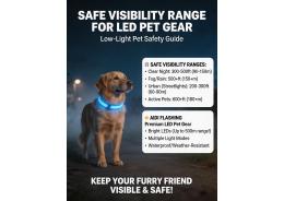 What visibility range is considered safe for LED pet gear in low-light environments?