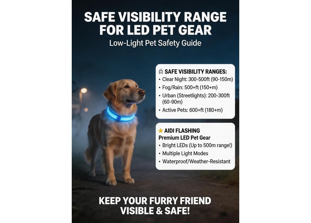 What visibility range is considered safe for LED pet gear in low-light environments?
