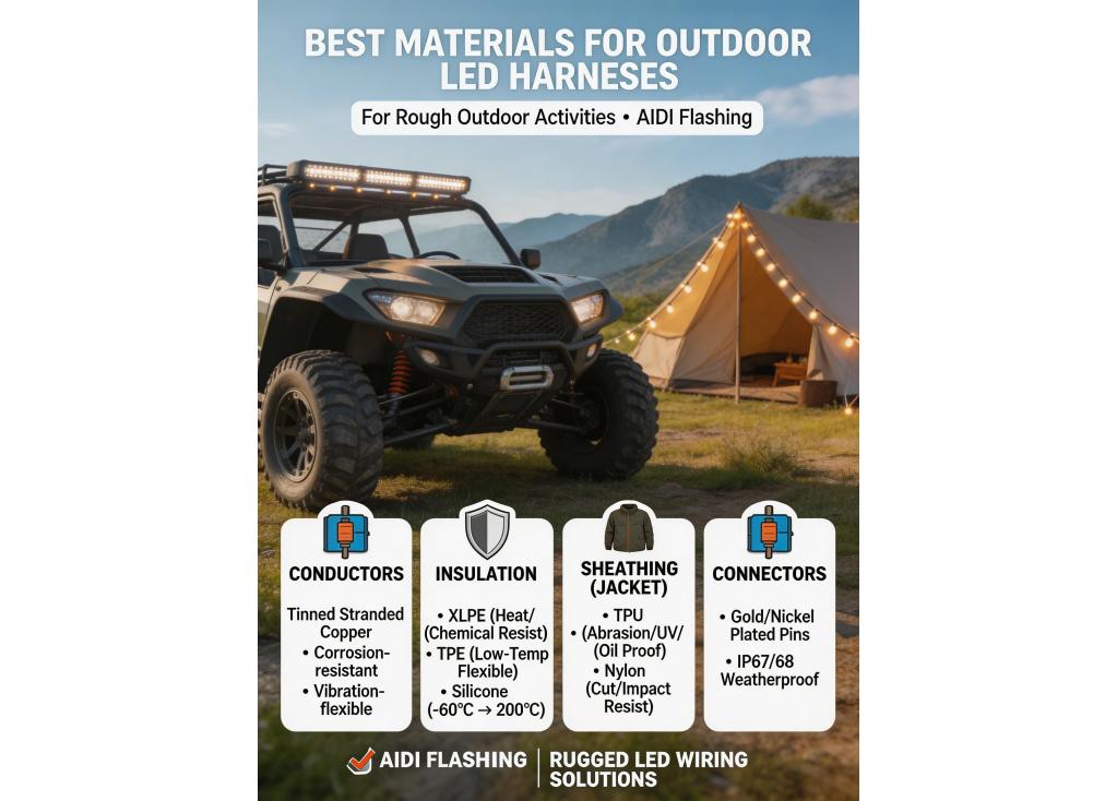 What materials are best for LED harnesses that withstand rough outdoor activities?