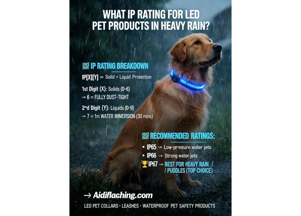 What IP rating is recommended for LED pet products used in heavy rain?
