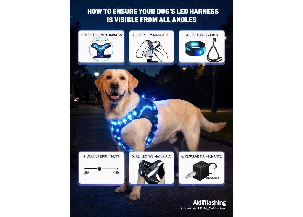 How can I ensure my dog's LED harness is visible from all angles?