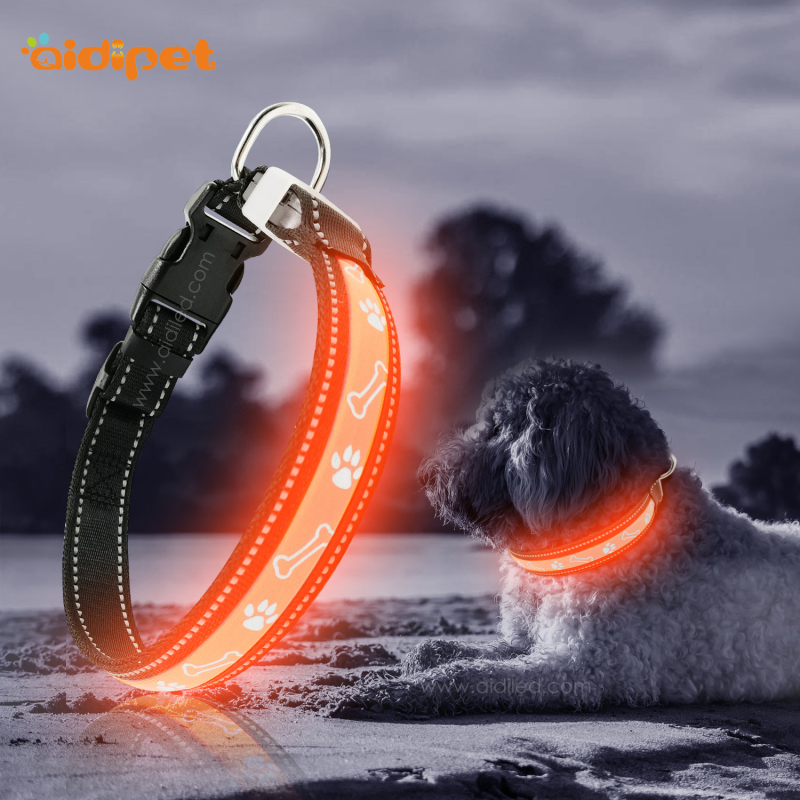 Spandex Flashing Dog Light up Collars Paw & Bone Printing Reflective Dog Collar Led  Glow Walking Night Rechargeable Dog Collar