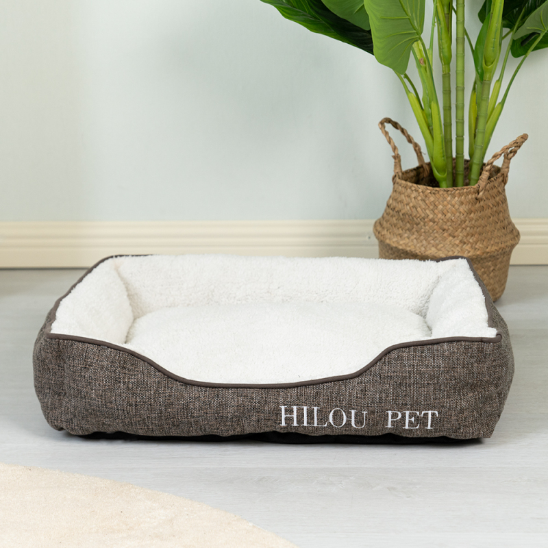 Wholesale short plush dog bed custom logo with linen material