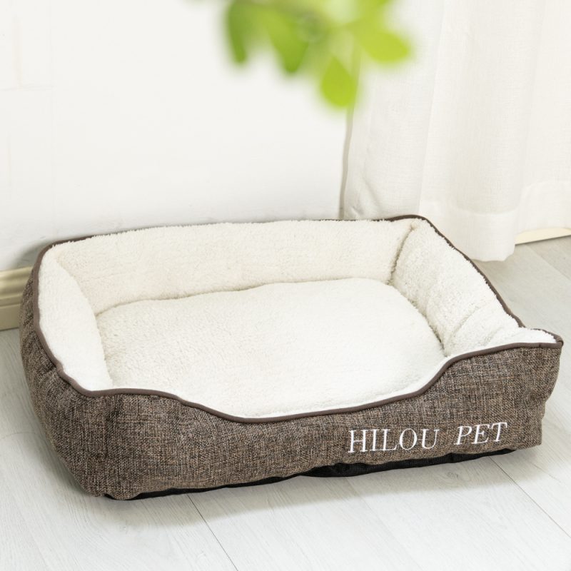 Wholesale short plush dog bed custom logo with linen material