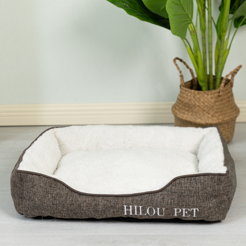 Wholesale short plush dog bed custom logo with linen material