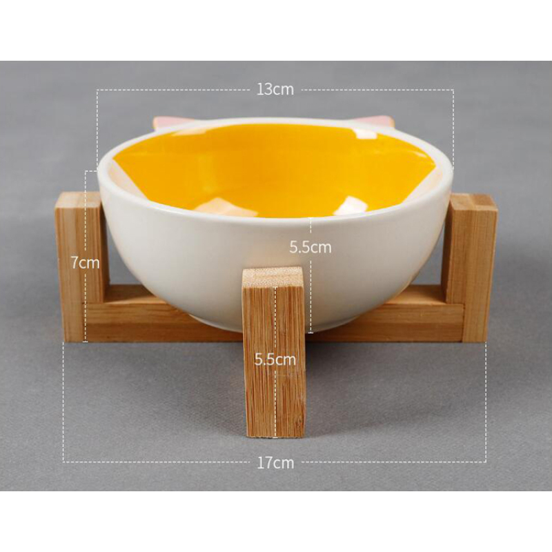 Manufacturer wholesale cute white ceramic cat pet dog bowl with wooden